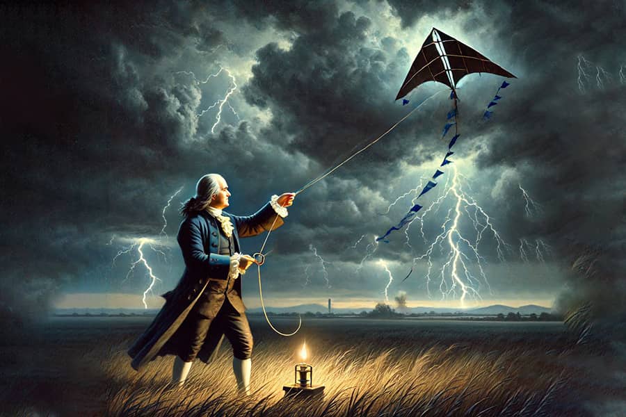 Who allegedly flew a kite during a thunderstorm to study electricity?